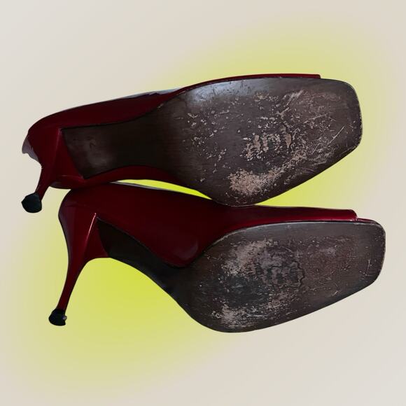 Stuart Weitzman Ruby Red Stiletto Heels Klinda Opentoe Patent Leather Sz 9 Woman - Picture 9 of 10